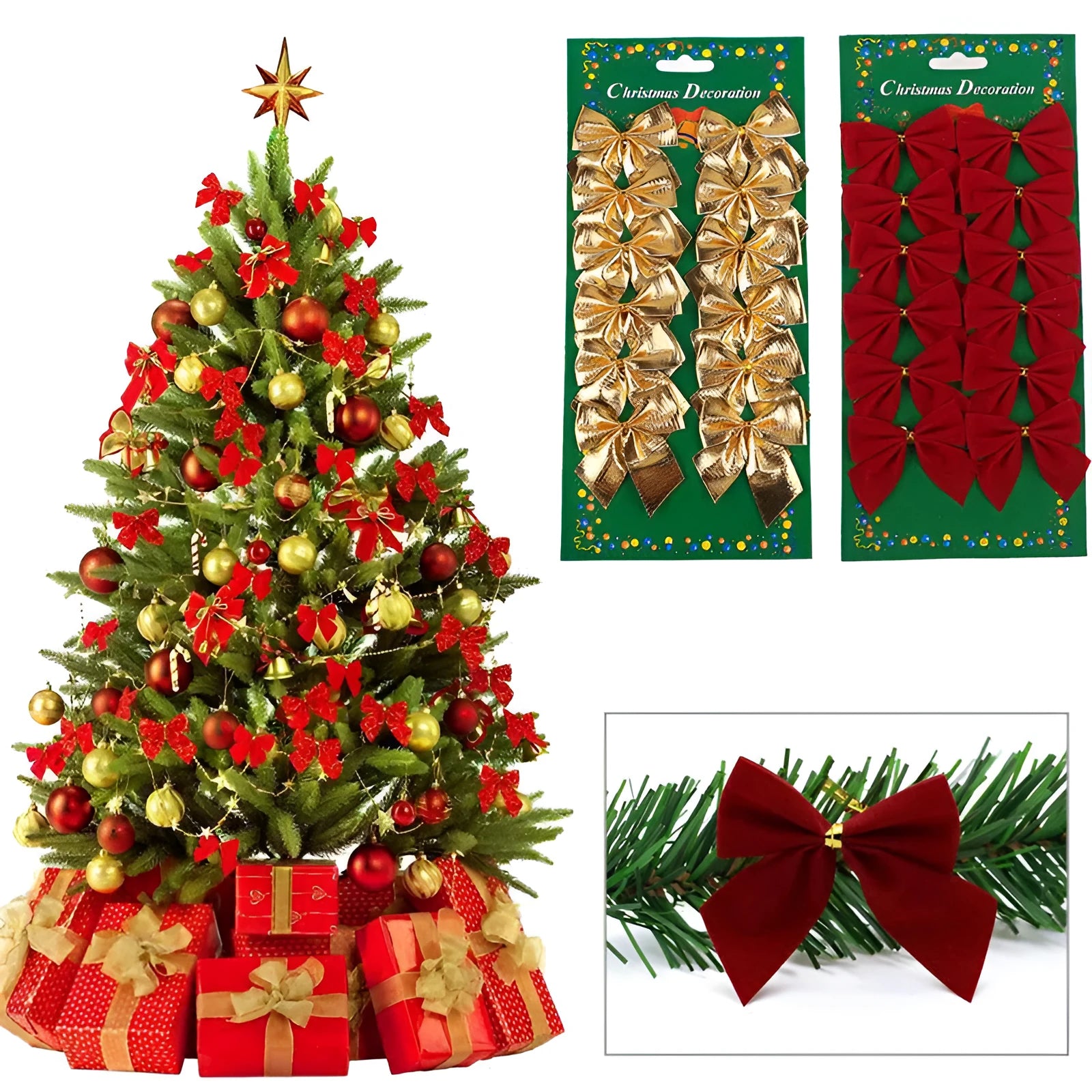 A red, gold, and silver polyester Christmas decoration bow ornament measuring 5 cm.