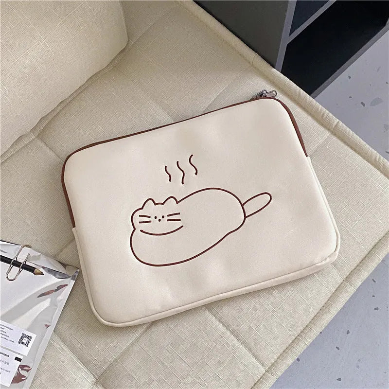 Nylon tablet protective sleeve with embroidered cat design and zip closure