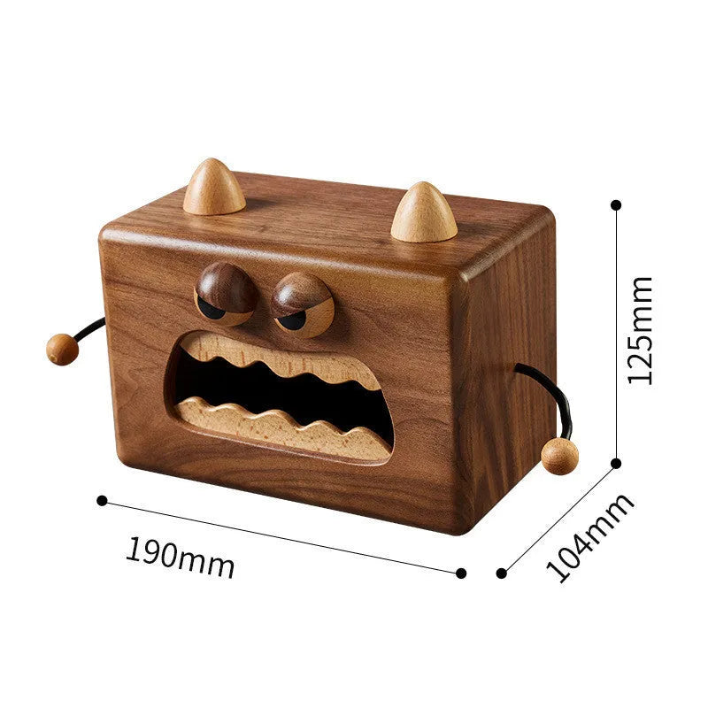 Little Monster cartoon wooden tissue box with solid wood construction measuring 190x104x125mm