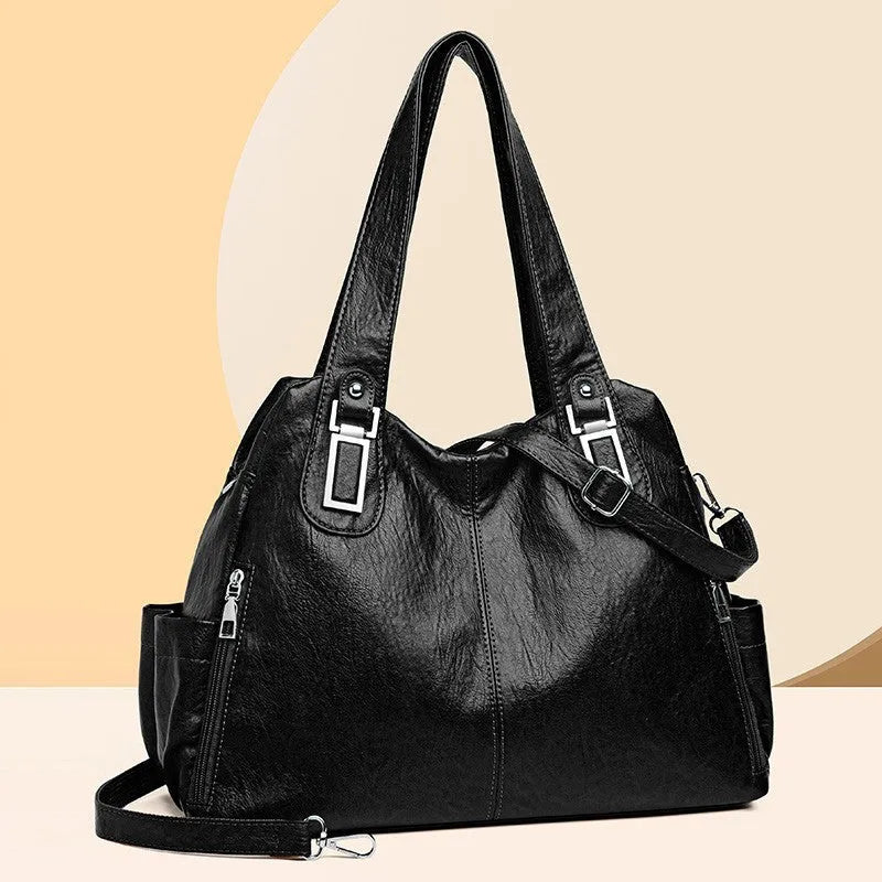 Women's soft PU tote bag with sandwich pocket, square vertical shape, in black, from 2024 European American style range.