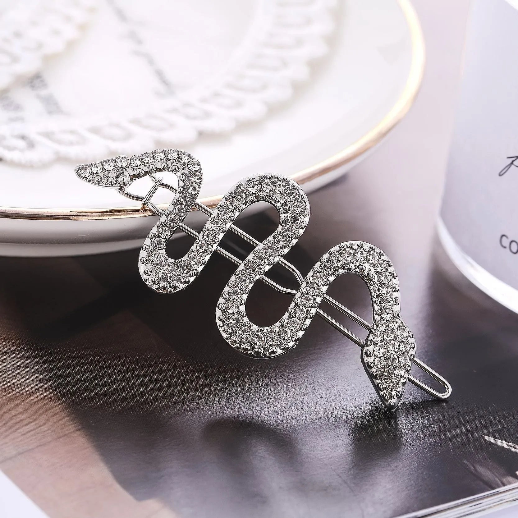Korean vintage snake design hair clip barrette with rhinestone details