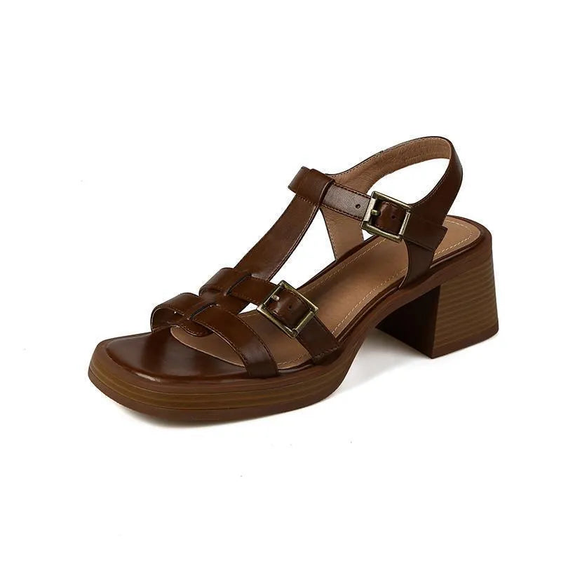 Women's retro T-buckle platform sandals with chunky heel in black colour showing square toe design