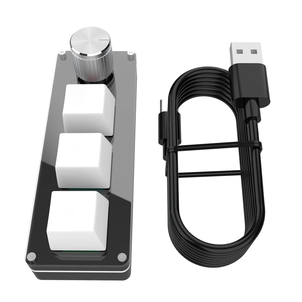 Three-key USB Photoshop shortcut keypad in black or white with 1.5 m cable and plastic body