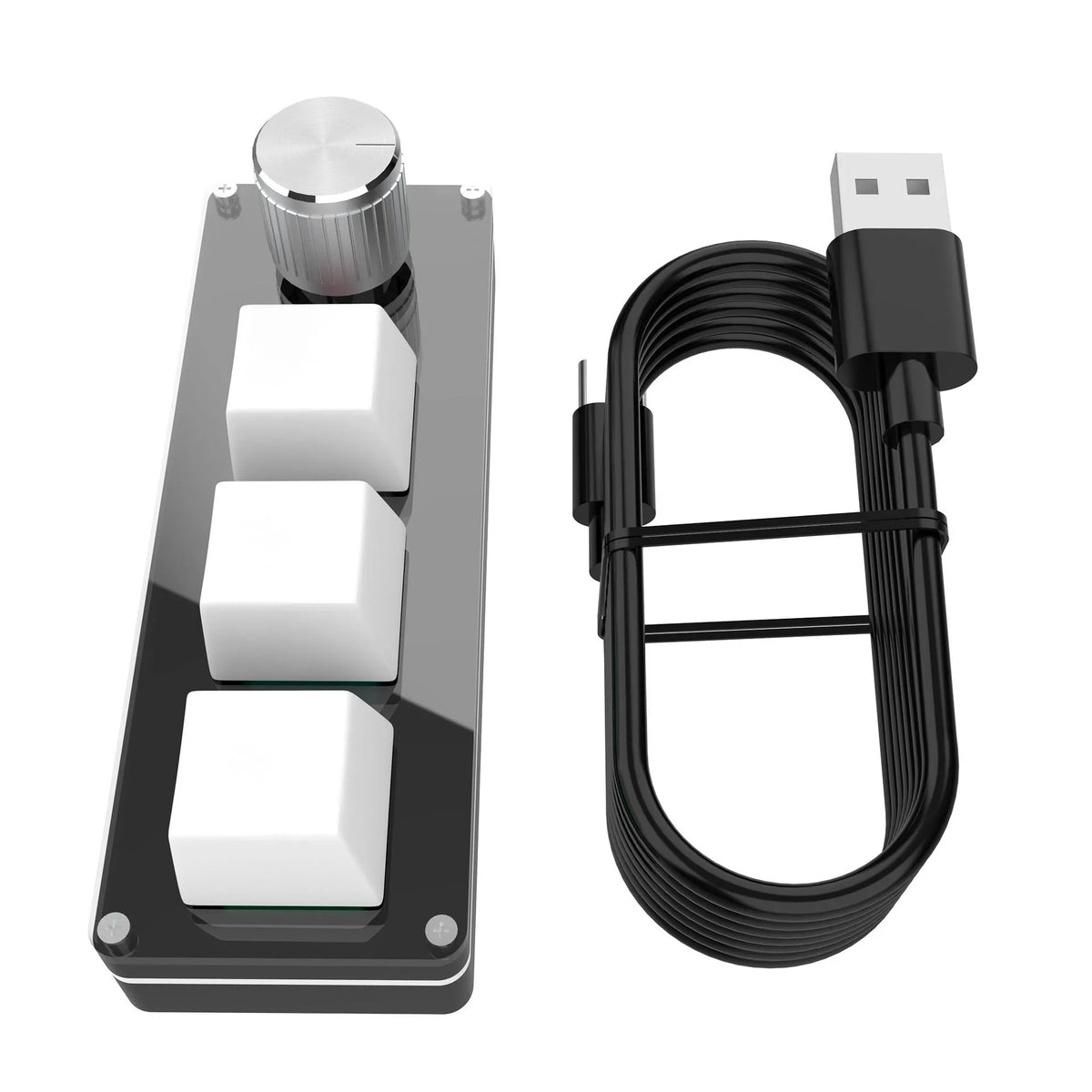 Three-key USB Photoshop shortcut keypad in black or white with 1.5 m cable and plastic body