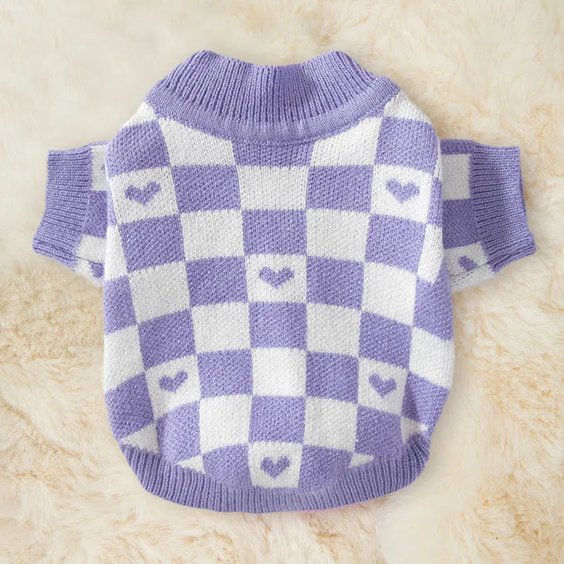 Blue hooded polyester sweater on a small dog, showing autumn winter pet coat design.