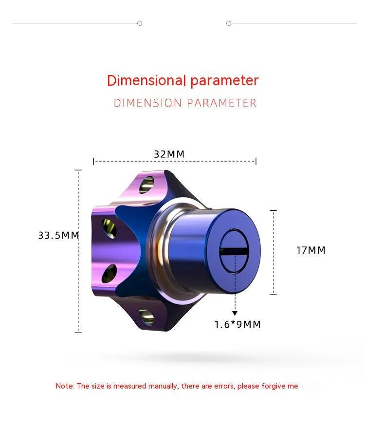Motorcycle key head cover in T6 aluminium alloy showing hexagonal, pentagram, and plum blossom design options.