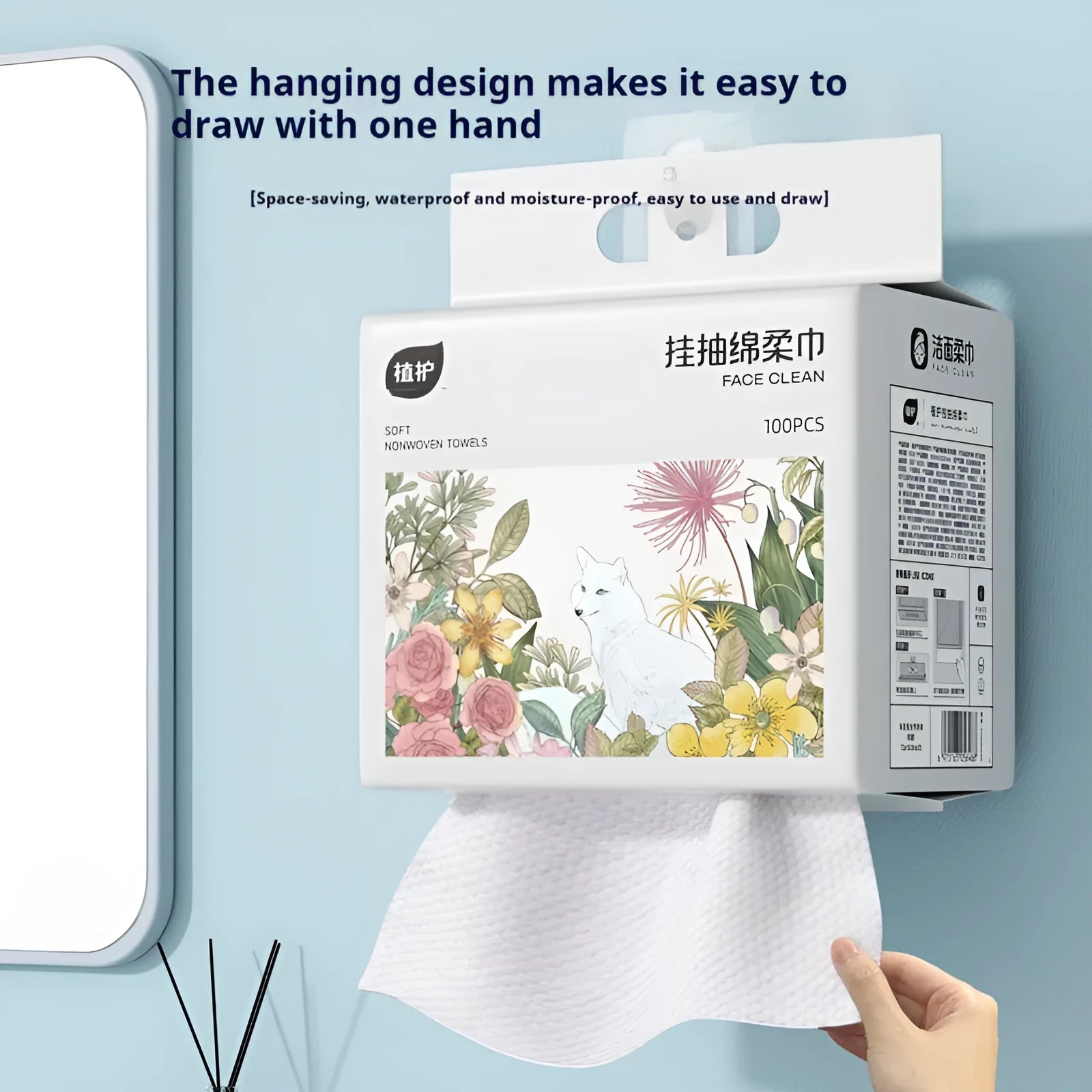 Disposable face cloth roll with hanging design, 100 sheets, viscose and polyester blend