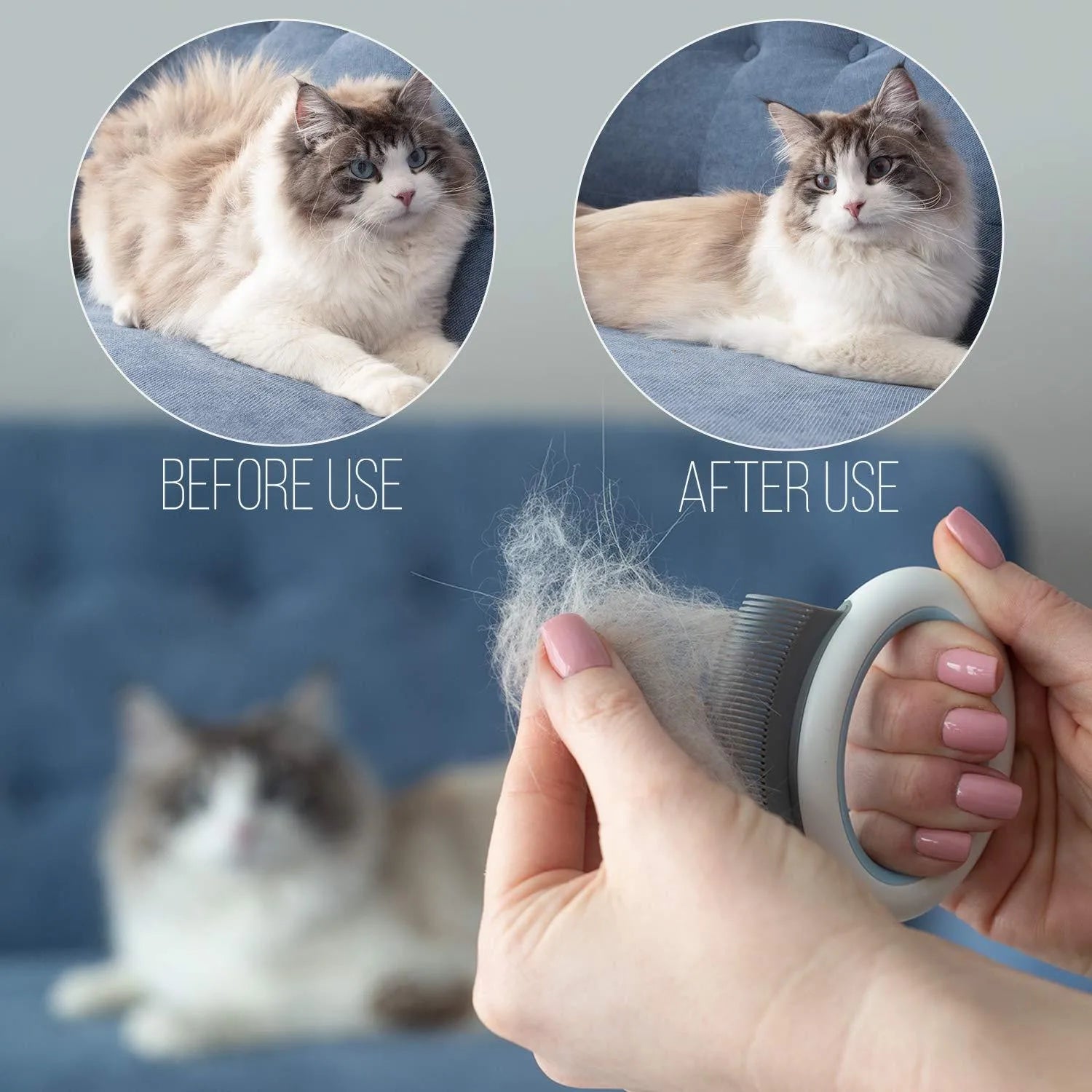 Blue pet deshedding comb with soft teeth and ergonomic handle for cats and dogs.
