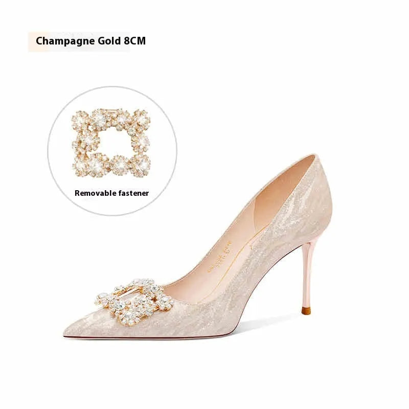 Champagne gold women's high heels with pointed toe and stiletto heel on white background