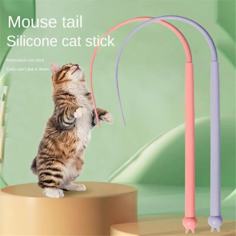 Blue cat teaser wand with silicone mouse tail measuring 80cm length with cat head handle design