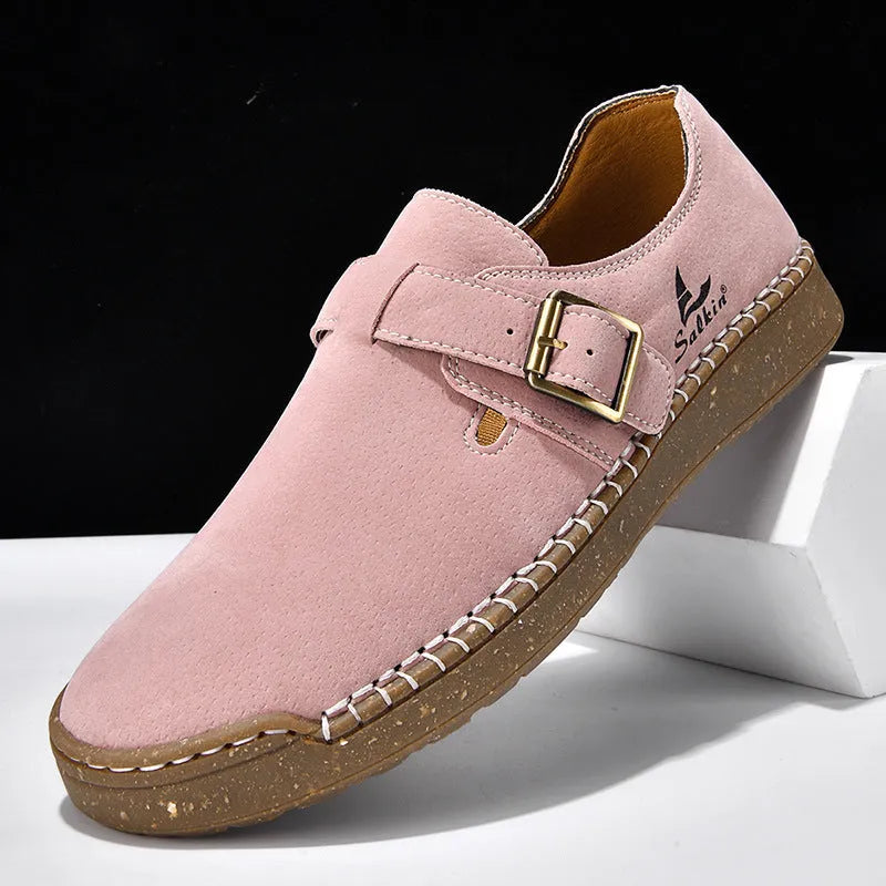 Women's low top PU loafers with buckle fastening, round toe and flat 1-3cm heel in solid colour
