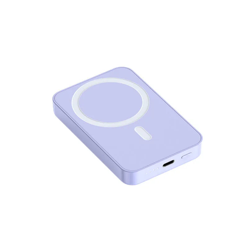 Pink magnetic wireless power bank showing dimensions and plastic shell.