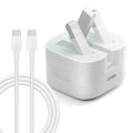 White 25W Type-C mobile phone charger with folding foot plug, shown as charging head or with data cable