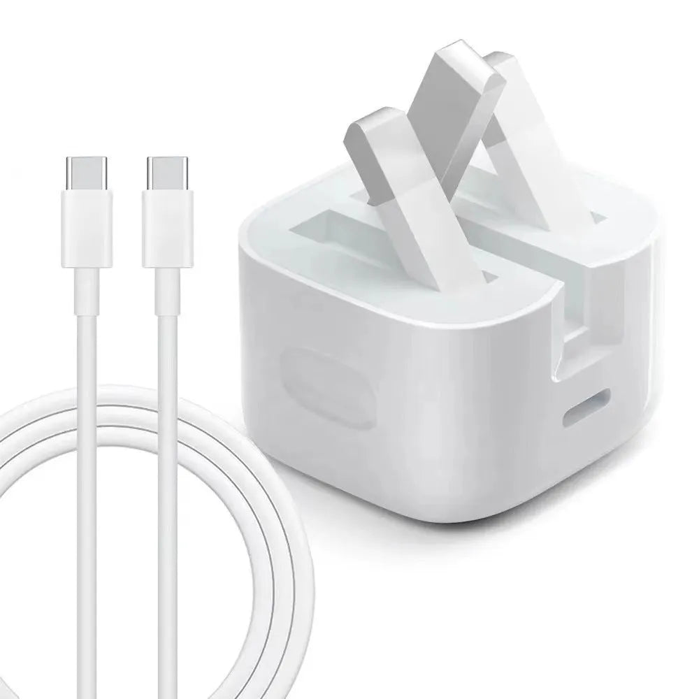 White 25W Type-C mobile phone charger with folding foot plug, shown as charging head or with data cable