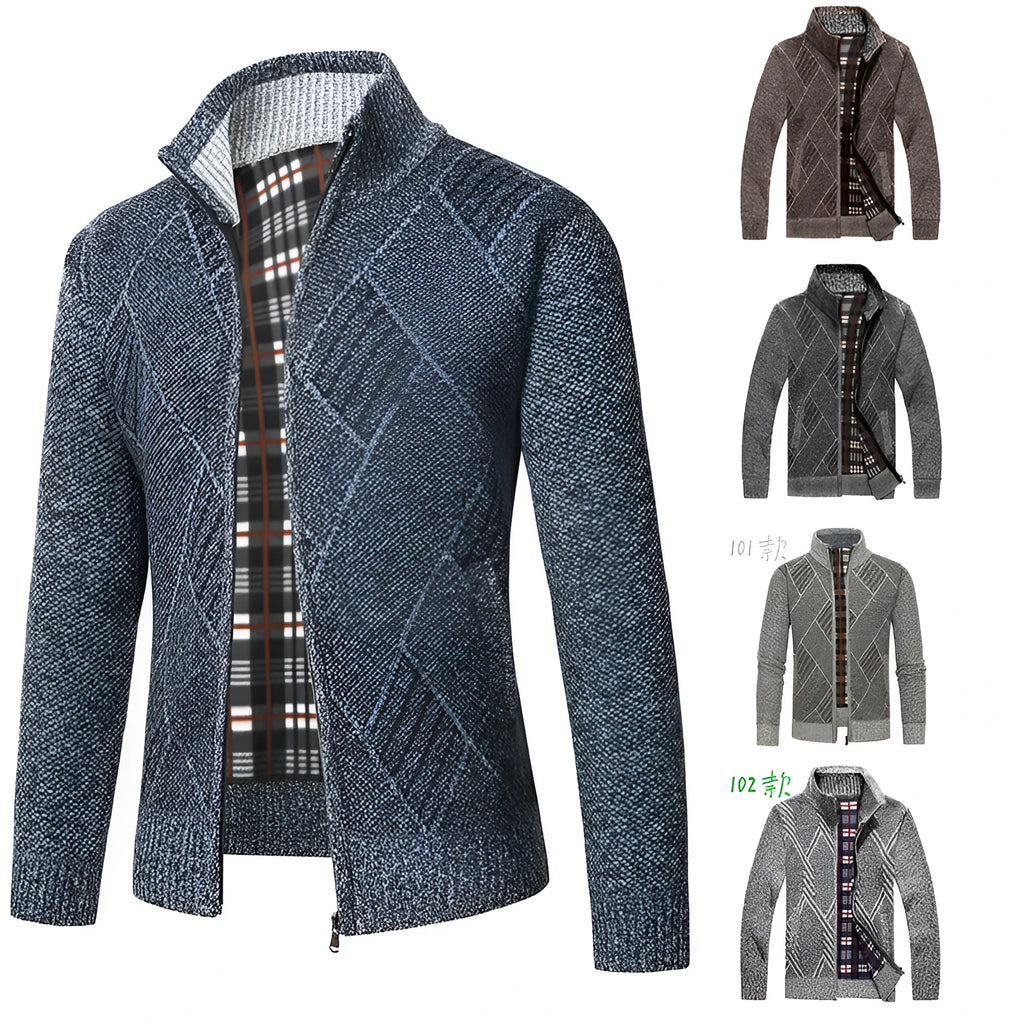 Men's thick cotton blend stand collar zipper cardigan sweater in light gray, long sleeves, size M to 3XL