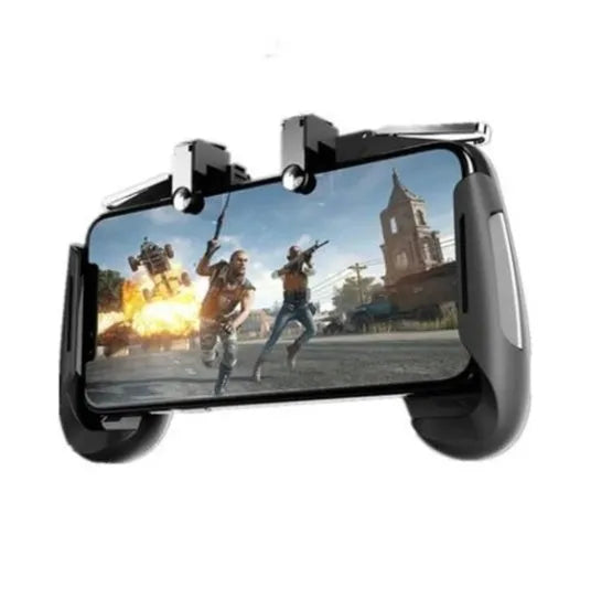 Multifunctional mobile game handle for smartphones in black, blue, and white colour options.