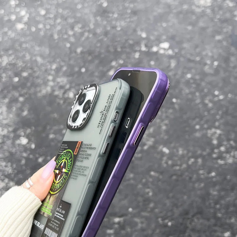 Creative Text Phone Case with hard back and soft edges, electroplated lens ring in purple stone island label, for iPhone
