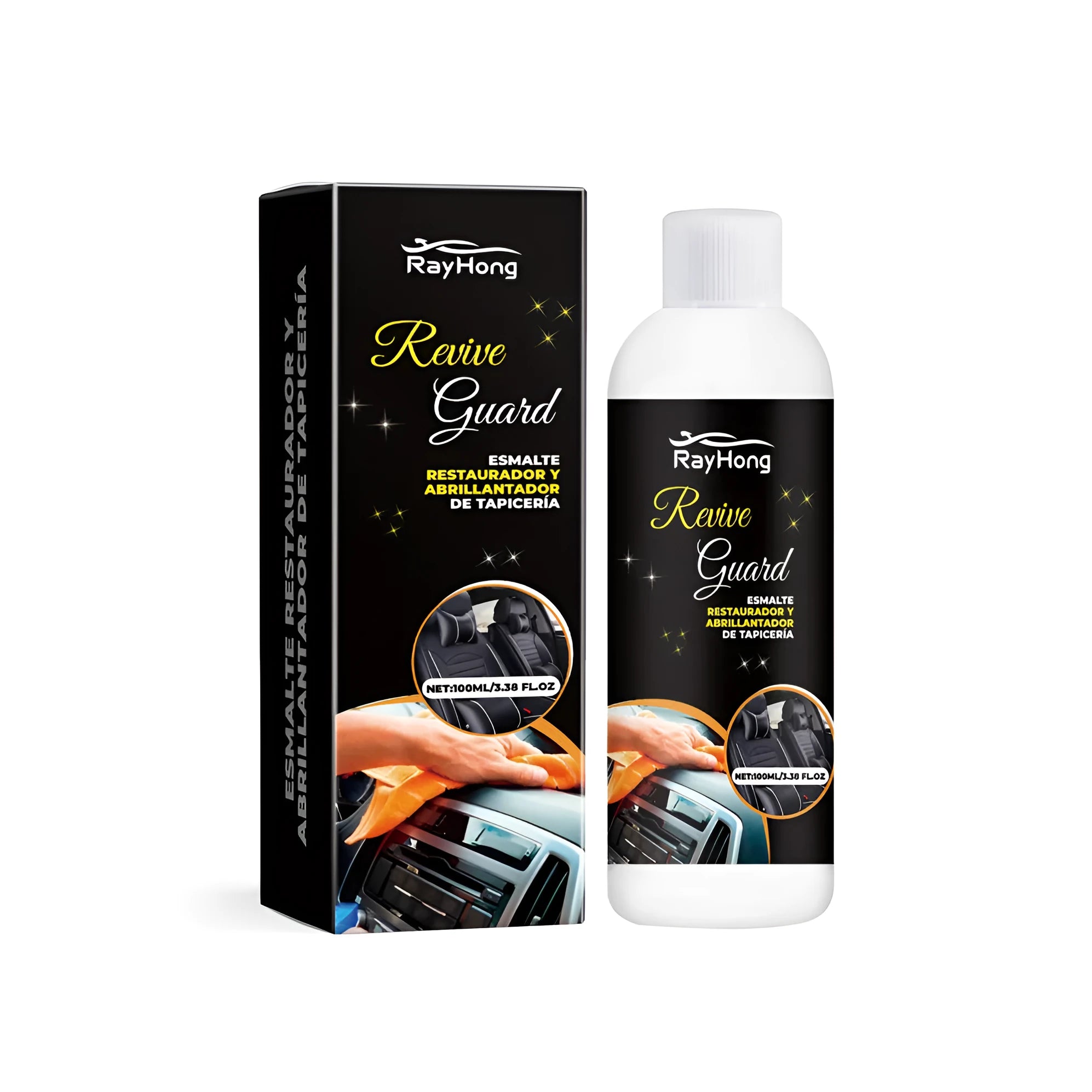 250ml bottle of car interior repair polish for plastic and leather, showing size next to a car dashboard.