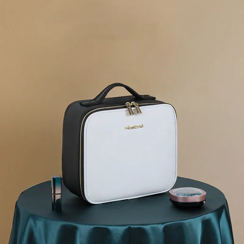 Large-capacity polyurethane leather cosmetics storage bag with LED lamp ring and mirror, 26x23x11cm