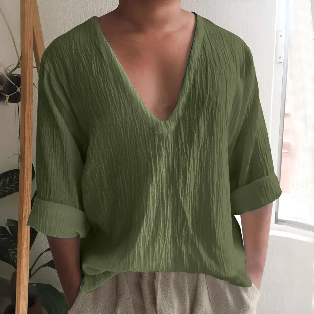 Men's washed cotton long sleeve V-neck t-shirt in solid colour on a hanger
