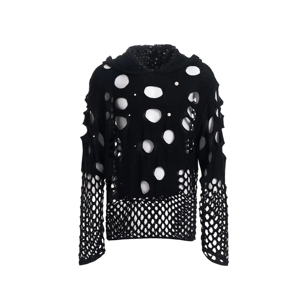 Black men's loose fit pullover hoodie with decorative pearls on the front of the hood.