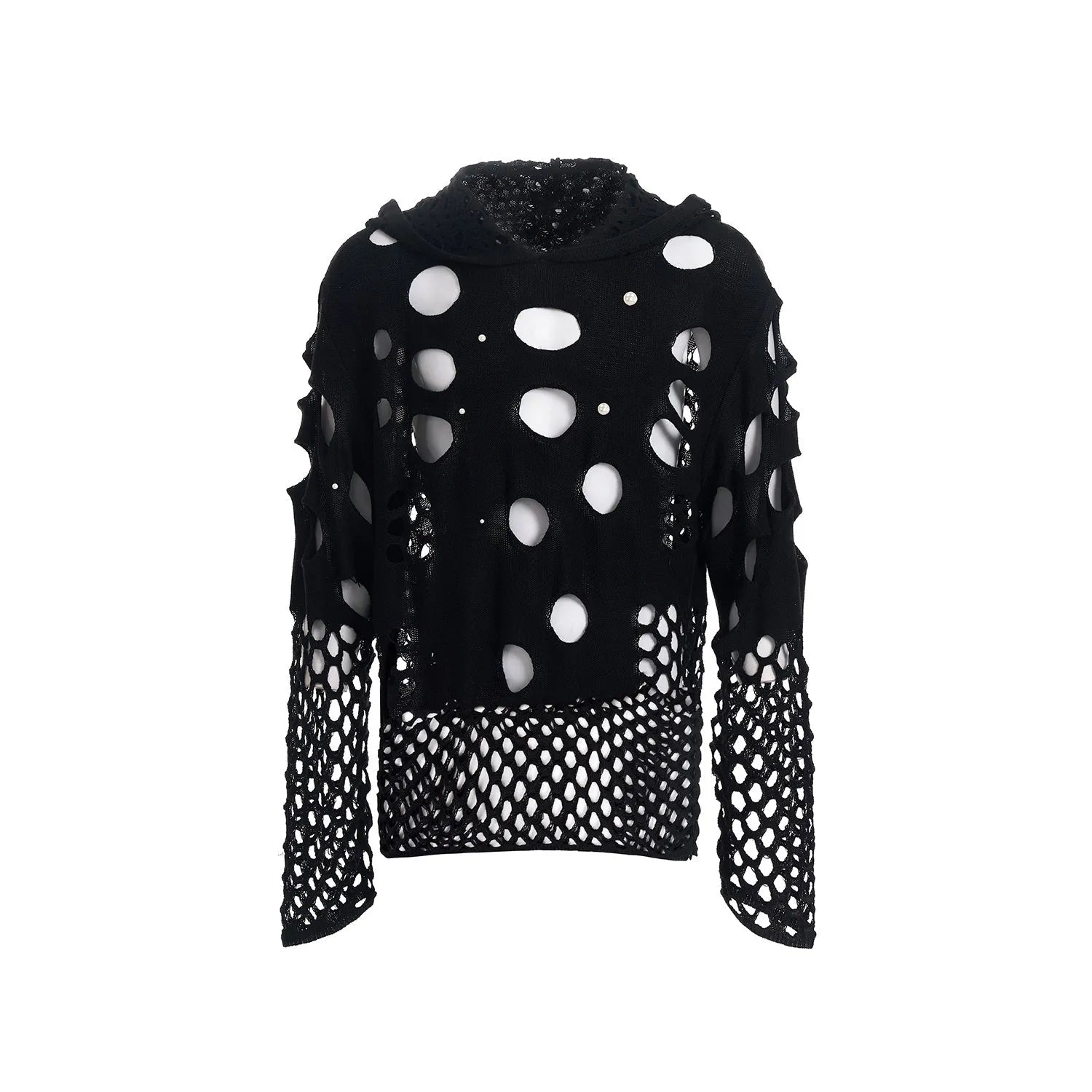 Black men's loose fit pullover hoodie with decorative pearls on the front of the hood.