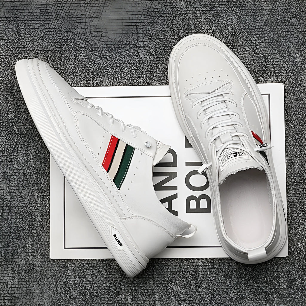 White casual lace-up leather shoes with inner height increase, round toe, rubber outsole, on a clean background