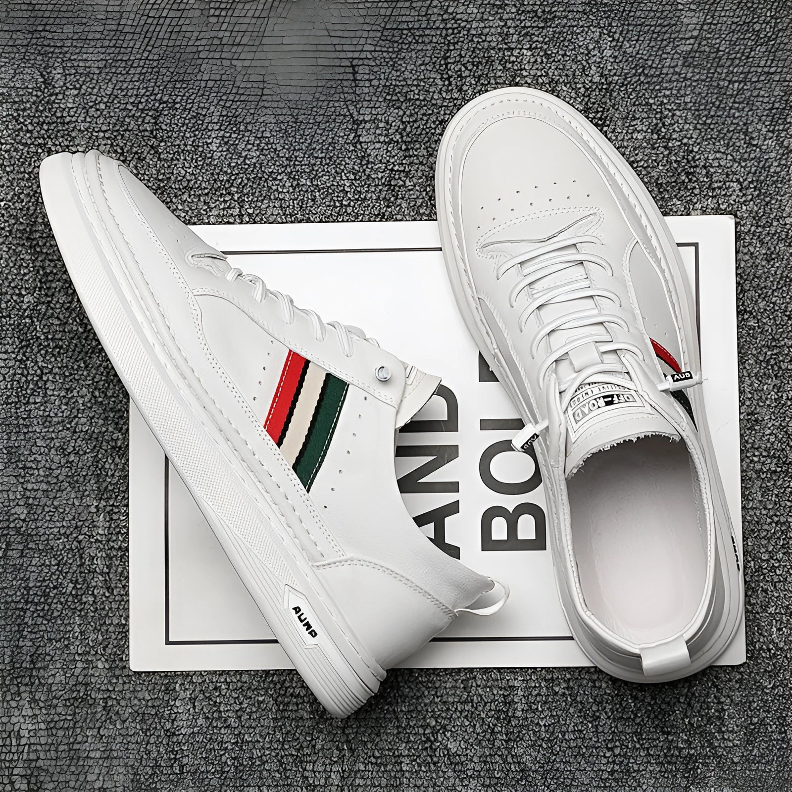 White casual lace-up leather shoes with inner height increase, round toe, rubber outsole, on a clean background