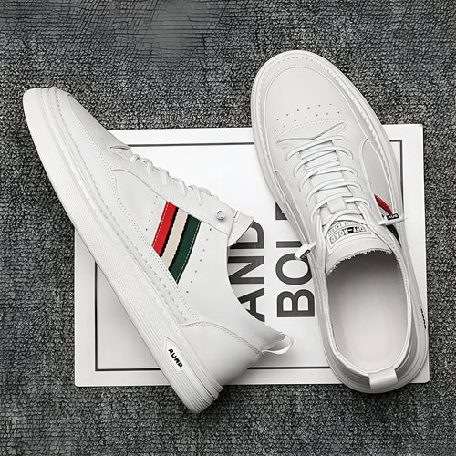 White casual lace-up leather shoes with inner height increase, round toe, rubber outsole, on a clean background