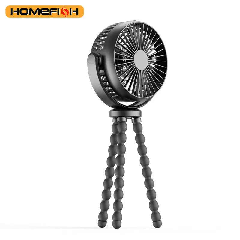 HOMEFISH F2 automatic shake head fan with LED light attached to a baby stroller