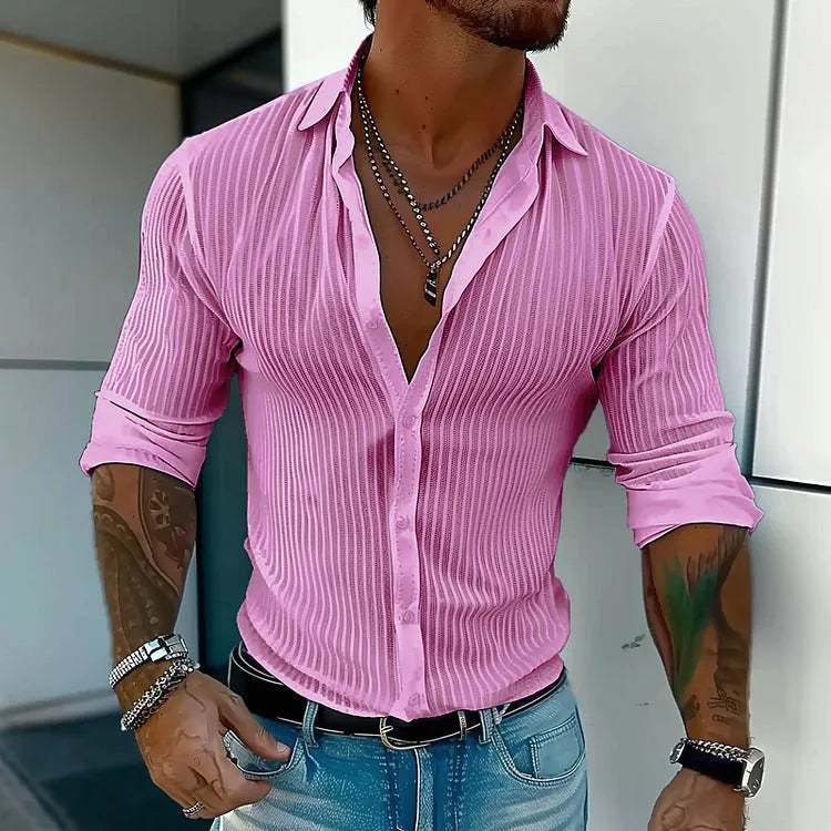 A man's loose-fit striped cardigan shirt with long sleeves in a British style design.