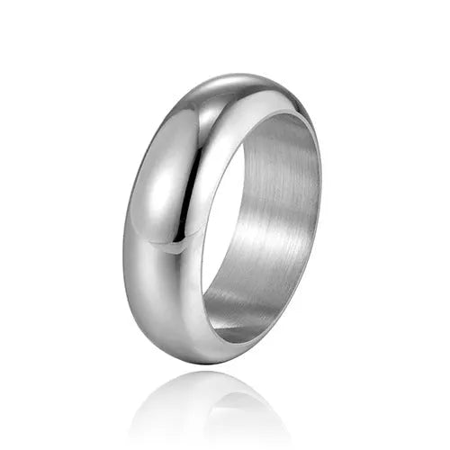Glossy electroplated titanium steel personality ring in gold, black, or steel colour on size display