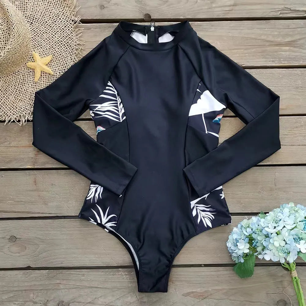 Black printed long-sleeved one-piece diving suit for women