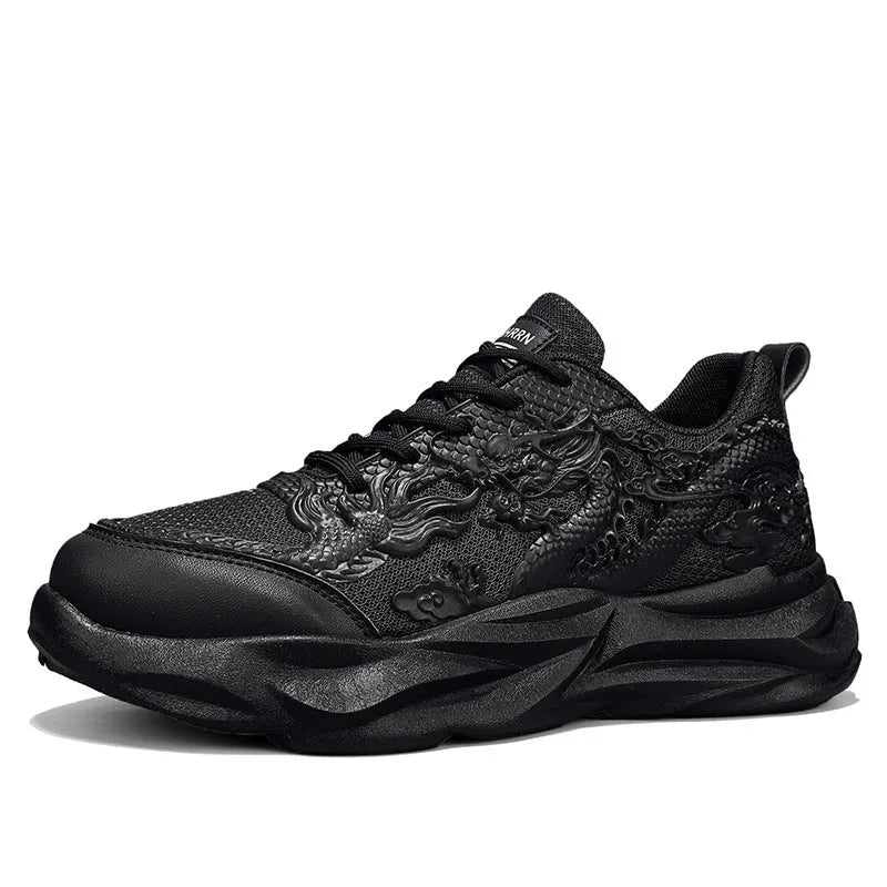 Fly knit casual sneakers with a dragon print on the side, showing the microfibre upper and rubber sole.