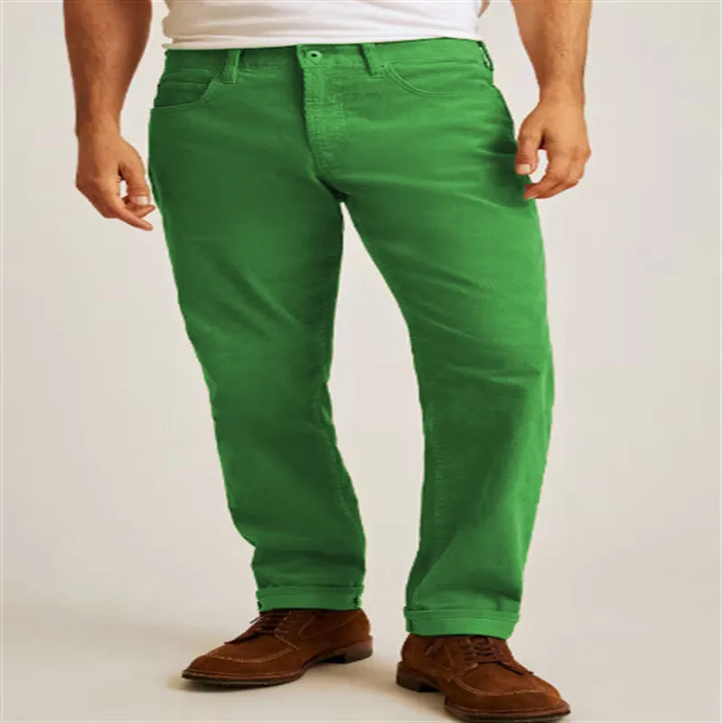 Cotton blend corduroy straight leg casual trousers on a hanger, shown in Army Green colour.