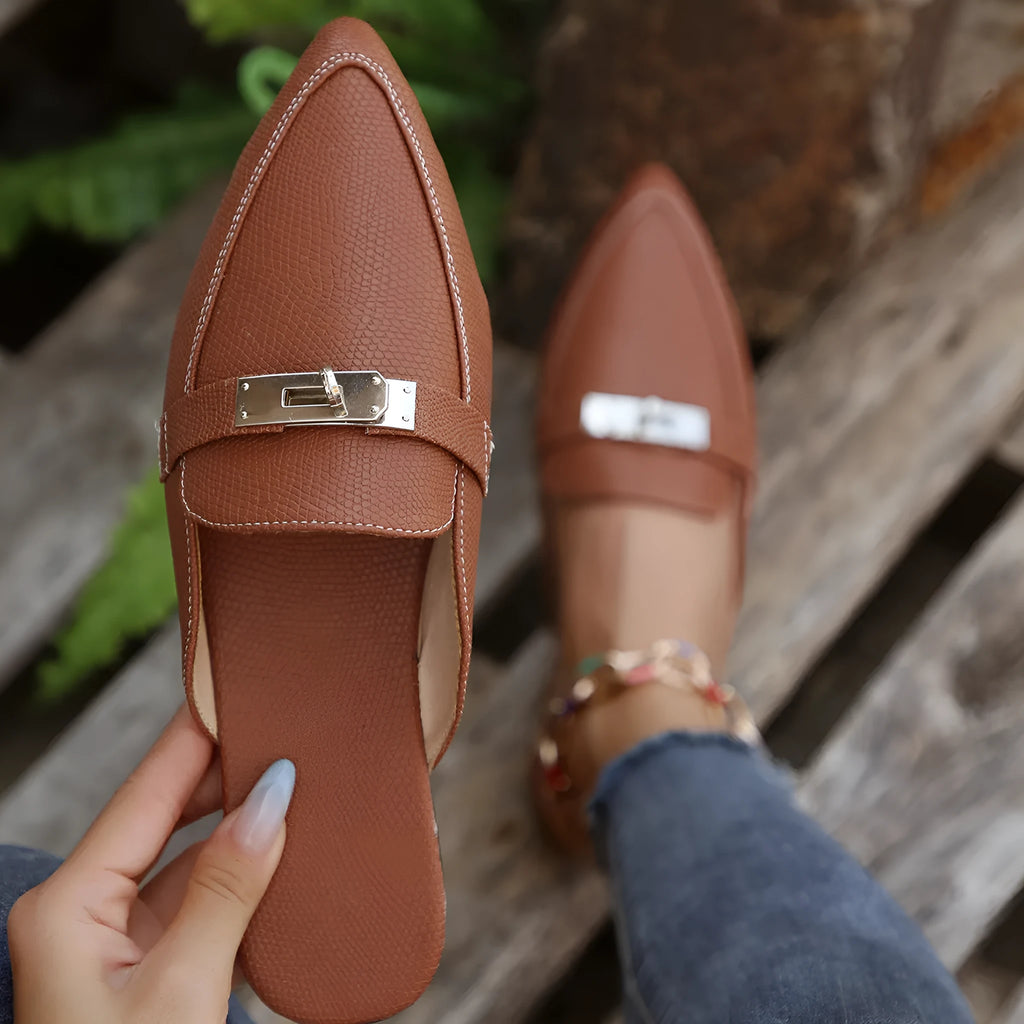 Light brown women's pointed-toe semi-slippers with low heel and rubber soles