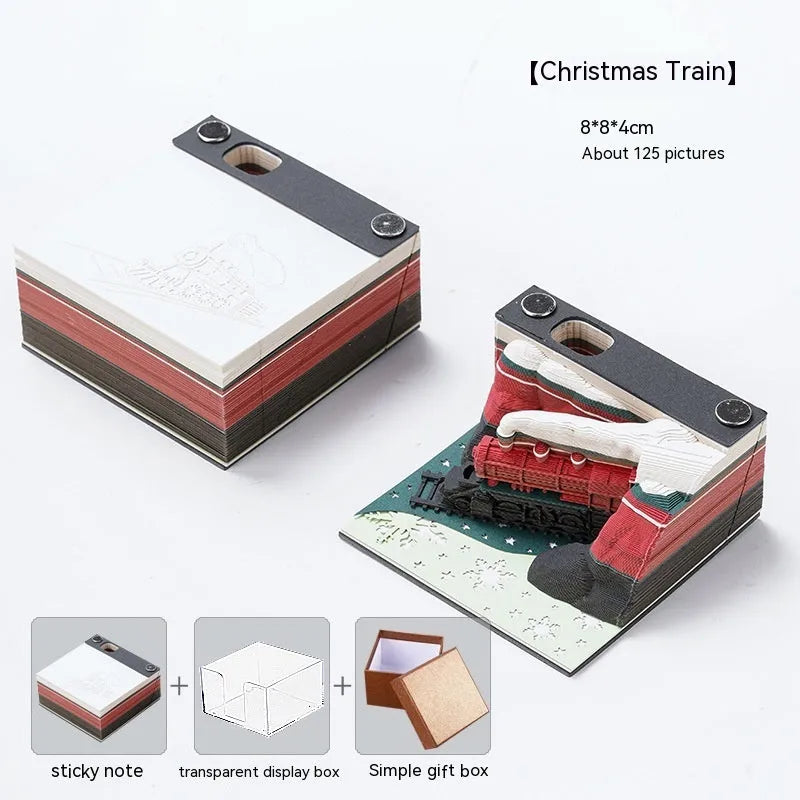 3D paper carving sticky notes depicting Qingshui Temple with a Christmas train design cover.