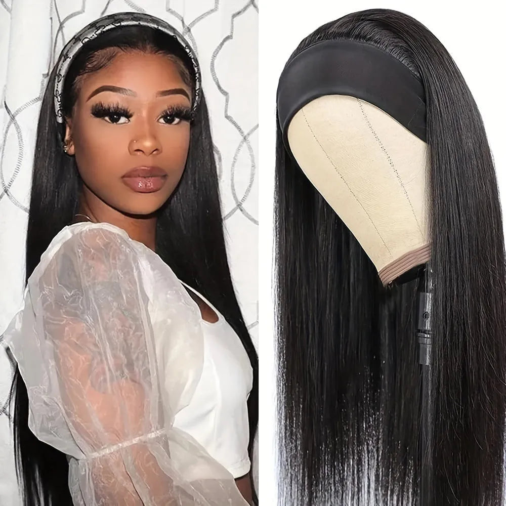 Headband wig in high-temperature fibre available in black straight, black curly, or wine red.