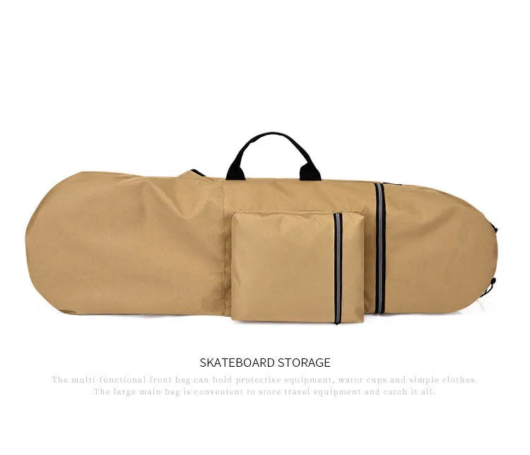 Black waterproof nylon skateboard bag holding a longboard, with yoga mat and fishing rod alternative uses shown.
