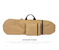 Black waterproof nylon skateboard bag holding a longboard, with yoga mat and fishing rod alternative uses shown.