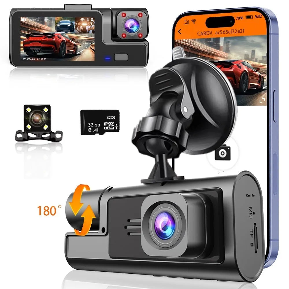 Black WiFi-enabled car dash cam with a 2-inch LCD screen mounted on a windscreen, showing a live video feed.