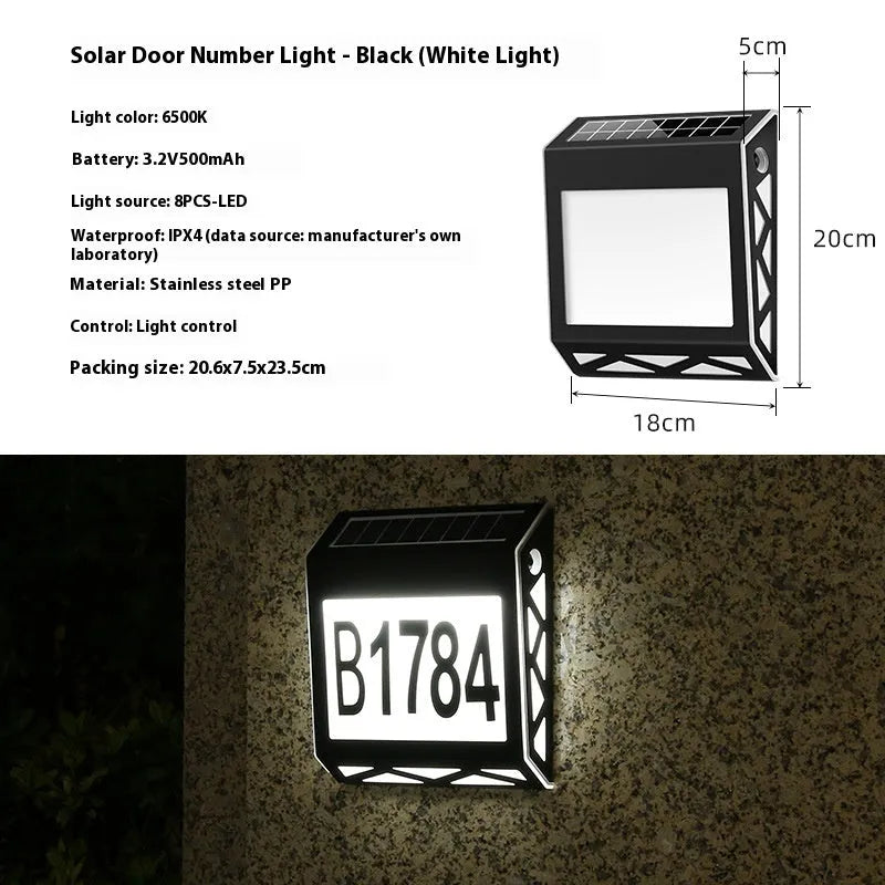 Solar powered waterproof doorplate light with LED digital display for outdoor house numbers