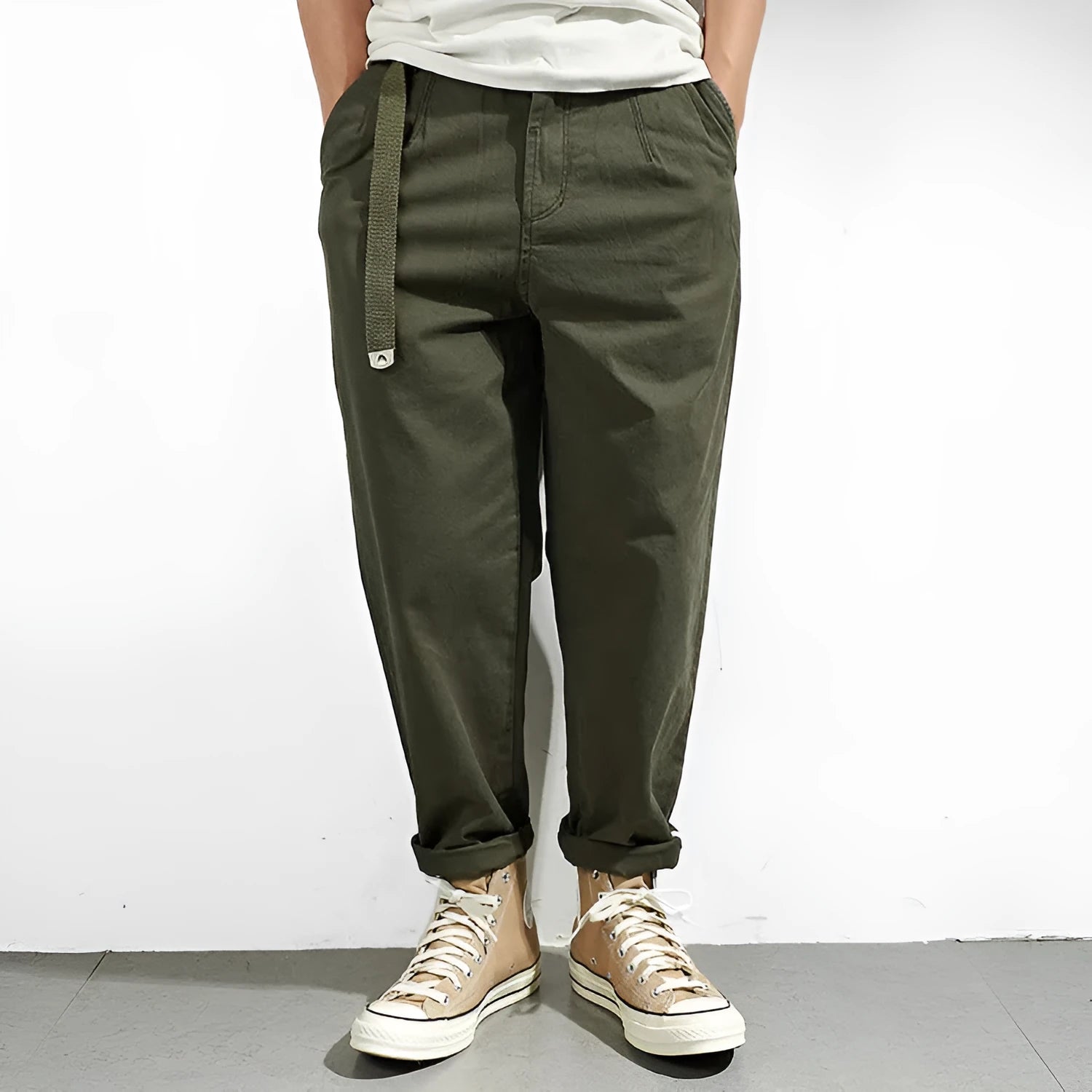 Men's Japanese-style retro loose tapered casual pants in solid colour, wool blend, mid waist, available in dark blue khaki dark brown army green black