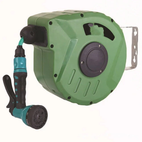 Automatic retractable hose reel with 10 metre PVC water pipe in compact collector unit
