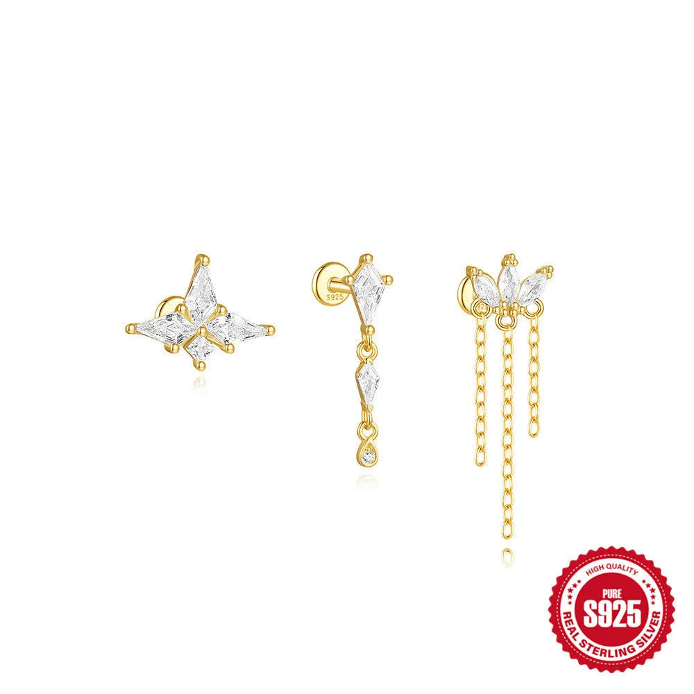 S925 sterling silver geometric kite earrings with rhinestone chain tassel in gold finish.
