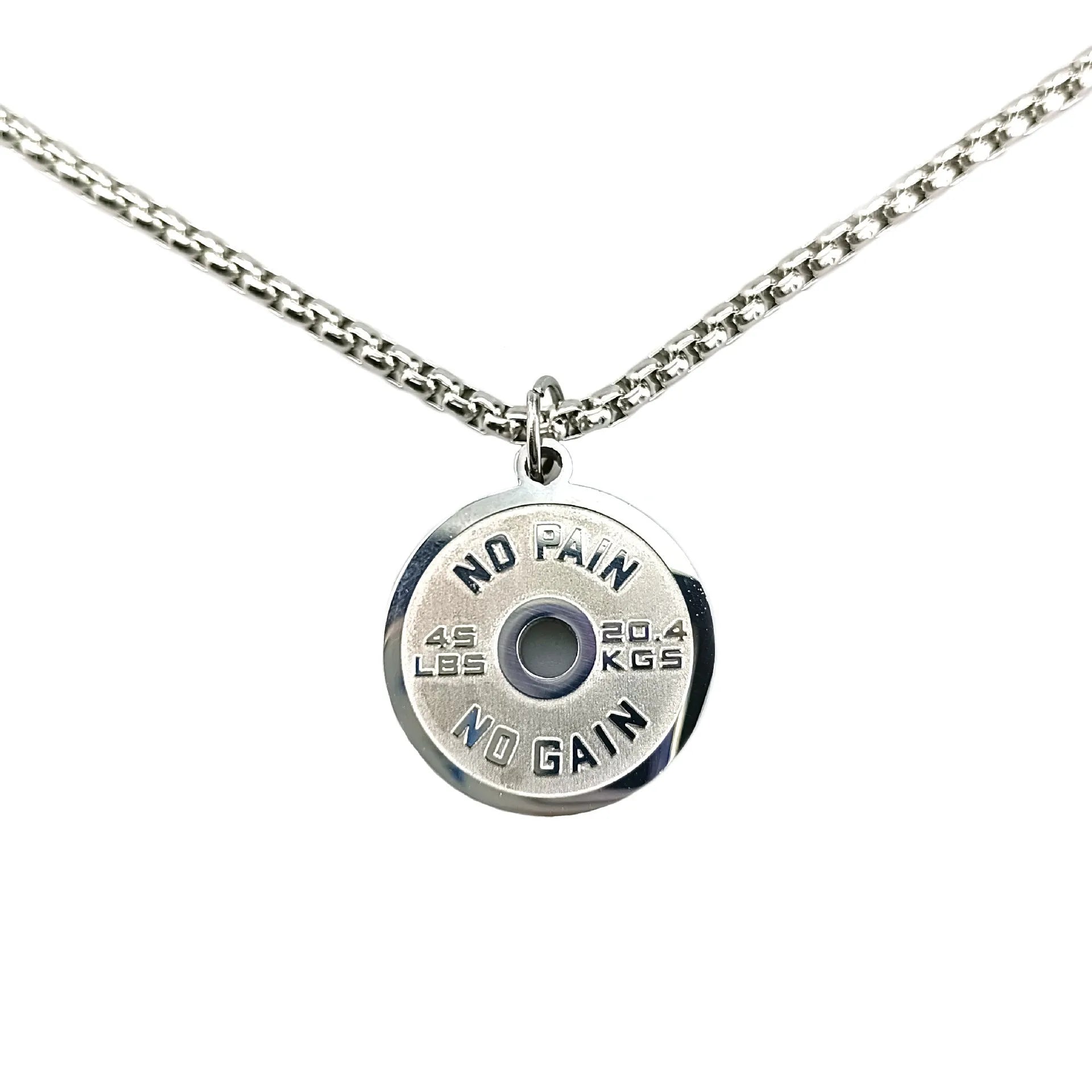 Stainless steel geometric barbell disk necklace on a 60cm chain, showing polished pendant detail.