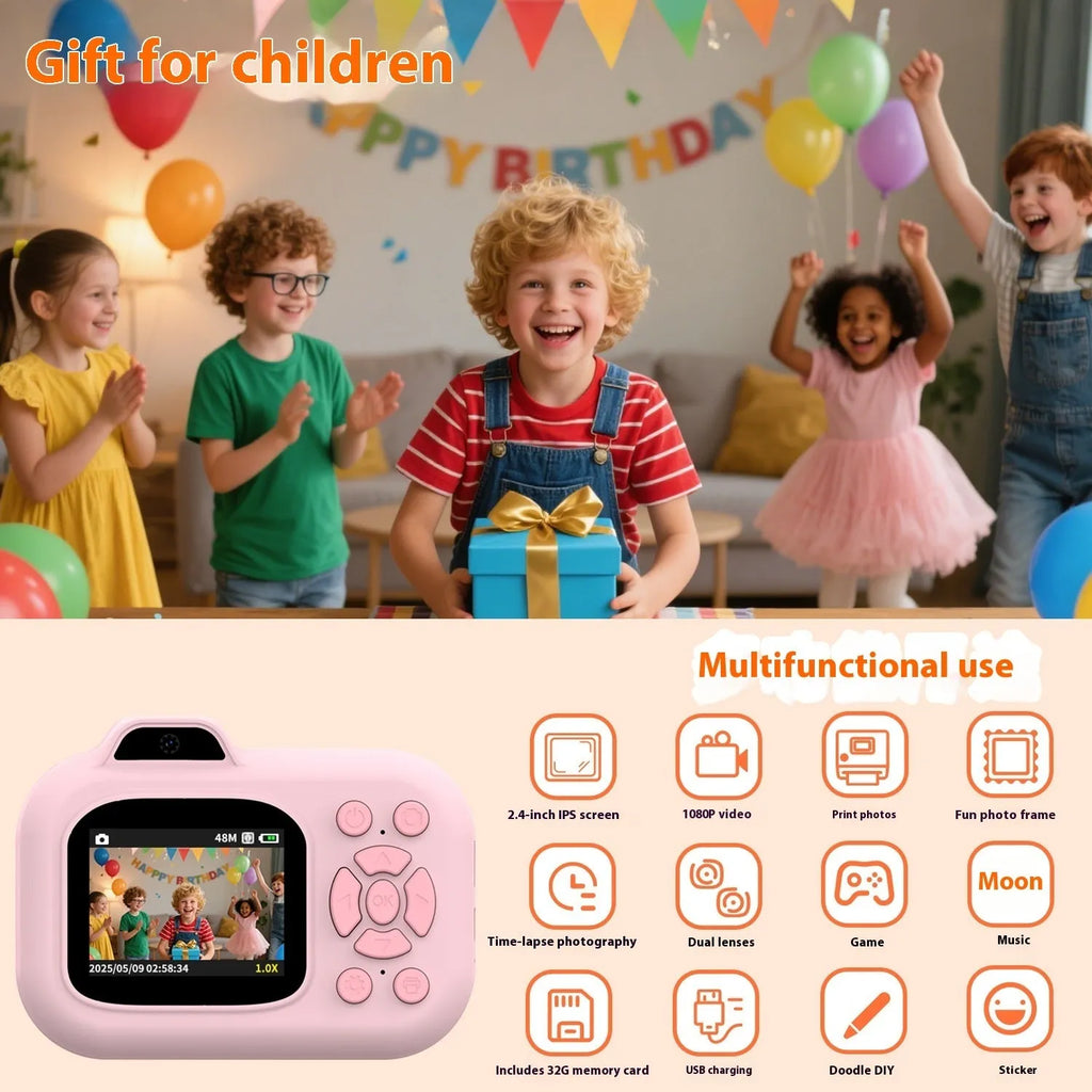 Pink, blue, and purple children's digital camera toy with video recording and photo sticker functions.