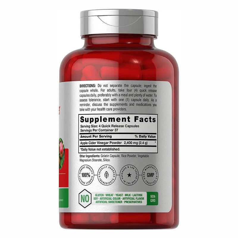Bottle of 150 apple vinegar health capsules in tablet form for dietary supplementation