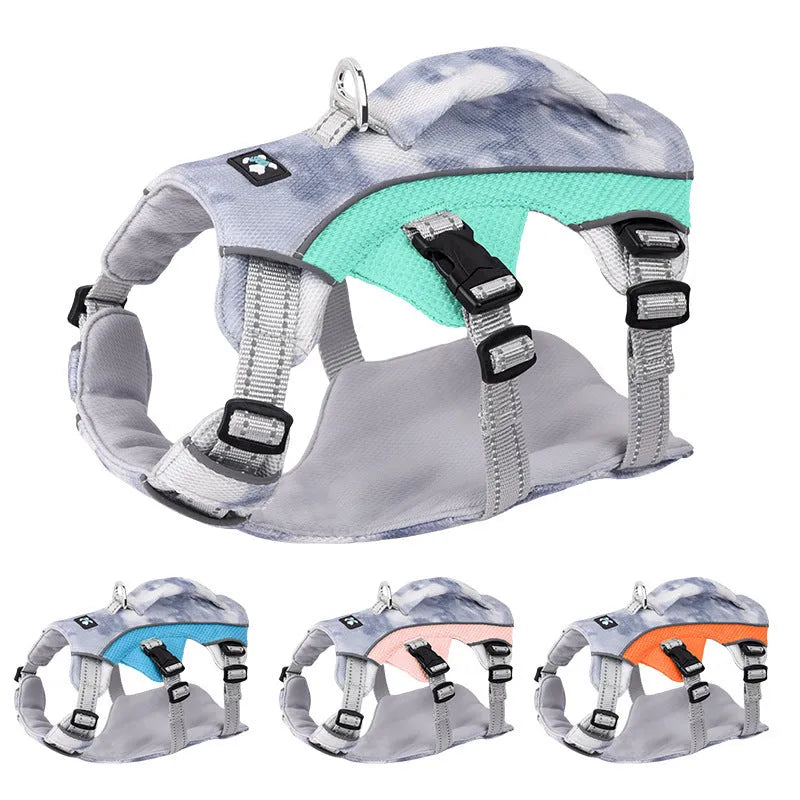 Reflective polyester chest strap for pet cooling clothes in multiple sizes and colours.