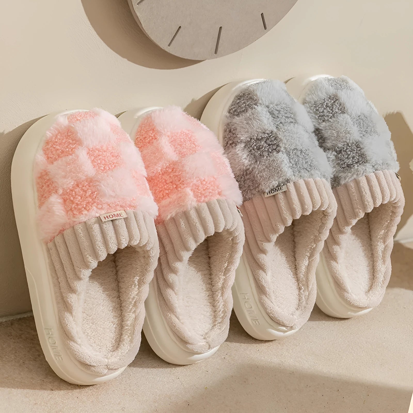 Women's plaid plush slippers with non-slip PVC sole, round toe, flat heel, in Coffee colour